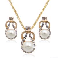 Rhinestone Zinc Alloy Jewelry Set, earring & necklace, with Glass Pearl, gold color plated, double link chain & for woman & with rhinestone, white  Approx 17.7 Inch 