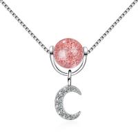 Cubic Zircon Micro Pave Brass Necklace, with Strawberry Quartz, with 1.4inch extender chain, Moon, platinum plated, box chain & micro pave cubic zirconia & for woman, pink Approx 15.7 Inch 