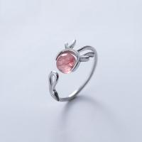 Gemstone Brass Finger Ring, with Strawberry Quartz, Antlers, platinum plated, adjustable & for woman, pink US Ring .5 