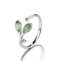 Brass Finger Ring, with Cats Eye, Leaf, platinum plated, adjustable & for woman, green US Ring .5 