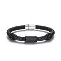 PU Leather Cord Bracelets, Stainless Steel, with Carbon Fibre & PU Leather, stainless steel magnetic clasp, for man, black Approx 8.5 Inch 