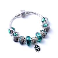 Zinc Alloy European Bracelets, with Lampwork, Four Leaf Clover, silver color plated & snake chain & for woman & enamel & with rhinestone 