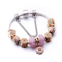 Zinc Alloy European Bracelets, with Lampwork, Flower, silver color plated & snake chain & for woman & enamel & with rhinestone 