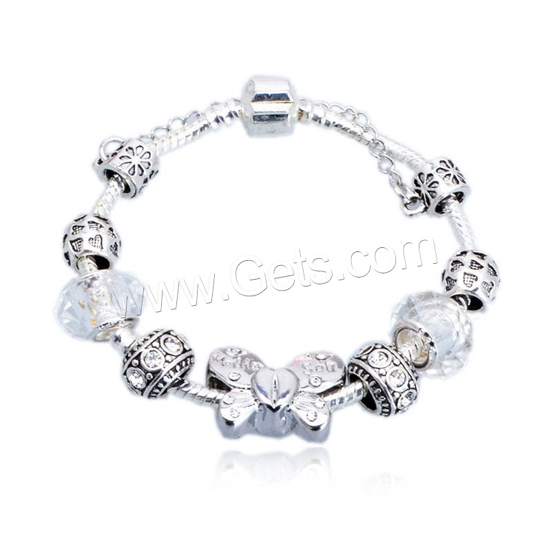 Zinc Alloy European Bracelets, with Lampwork, Butterfly, silver color plated, different length for choice & snake chain & for woman & with rhinestone, more colors for choice, Sold By Strand