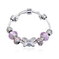 Zinc Alloy European Bracelets, with Lampwork, Butterfly, silver color plated & snake chain & for woman & with rhinestone 