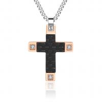 Colgantes de Cruces de acero inoxidable, con Acero al carbono, chapado, para hombre & con diamantes de imitación, color de rosa dorada, 25x36mm, Vendido por UD
