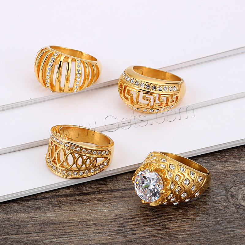 Нержавеющая сталь Rhinestone палец кольцо, нержавеющая сталь, 18K золотым напылением, разный размер для выбора & разные стили для выбора & Женский & со стразами, Много цветов для выбора, продается PC