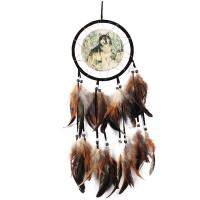Fashion Dream Catcher, Flocking Fabric, with Feather & Polyester & ABS Plastic, handmade, dyed & woven pattern, Crystal Brown, 600mm 