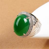 Brass Open Finger Ring, with Chalcedony, plated, Adjustable & micro pave cubic zirconia, green 