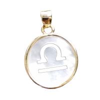 Bijoux pendentifs en Zinc alliage , alliage de zinc, avec coquille, 12 Signes du Zodiaque, Plaqué or 18K, envoyé au hasard & creux, blanc, 13.8mm, Vendu par PC