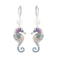 Brass Drop Earring, with Plastic Pearl, Seahorse, plated, micro pave cubic zirconia & for woman, metallic color plated, nickel, lead & cadmium free 