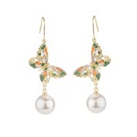 Brass Drop Earring, with Plastic Pearl, Butterfly, gold color plated, micro pave cubic zirconia & for woman & hollow 