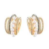 Brass Earring Clip, plated, multilayer & micro pave cubic zirconia & hollow 