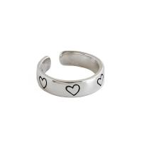 925 Sterling Silver Cuff Finger Ring, antique silver color plated, Korean style & with heart pattern & adjustable & for woman, 5mm, 16.5mm, US Ring .5 