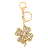 Brass Key Clasp, Four Leaf Clover, plated, micro pave cubic zirconia 