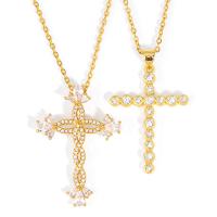 Cubic Zircon Micro Pave Brass Necklace, with 1.97 inch extender chain, Cross, 18K gold plated, Unisex & micro pave cubic zirconia, metallic color plated Approx 17.7 Inch 