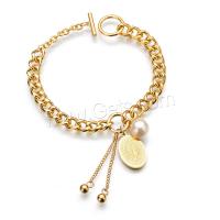 Stainless Steel Charm Bracelet, with Plastic Pearl, gold color plated, for woman, metallic color plated, 20mm,10mm,7mm Approx 7.8 Inch 