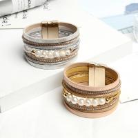 Leatheroid Cord Bracelets, Leather, with pearl & Rhinestone, plated, multilayer & Bohemian style & for woman 