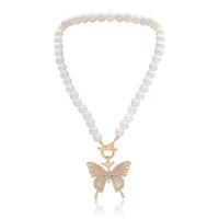 Zinc Alloy Necklace, with Plastic Pearl, Butterfly, gold color plated, for woman & with rhinestone, metallic color plated, 41mm Approx 18.1 Inch 