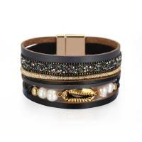 PU Leather Cord Bracelets, with Plastic Pearl & Zinc Alloy, plated, dyed & Unisex & with rhinestone 