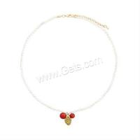 Freshwater Pearl Brass Necklace, with Gemstone, with 1.96 inch extender chain, polished, for woman, white Approx 15.35 Inch 