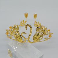 Bridal Tiaras, Metal Alloy, with Plastic Pearl, Swan, gold color plated, with rhinestone & hollow, metallic color plated 
