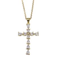 Cubic Zircon Micro Pave Brass Necklace, with stainless steel chain, with 1.5 inch extender chain, Cross, gold color plated, micro pave cubic zirconia & for woman, metallic color plated 1.5mm Approx 17 Inch 