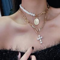 Mode-Multi-Layer-Halskette, Zinklegierung, mit Kunststoff Perlen, Modeschmuck & mehrschichtig, Goldfarbe, verkauft von PC