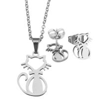 Fashion Stainless Steel Jewelry Sets, Stud Earring & necklace, Cat, fashion jewelry & for woman 1.5mm Inch 