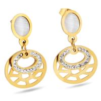 Titanium Steel Drop Earring, Round, plated, micro pave rhinestone & for woman & hollow, golden, 30*18mm 