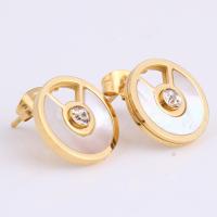 Titanium Steel Stud Earring, gold color plated, for woman & with rhinestone, white 