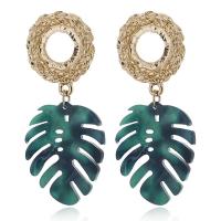 Acrylic Drop Earring, with Zinc Alloy, Leaf, gold color plated, for woman, green 