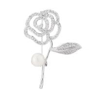 Cubic Zirconia Brooch, Brass, with Plastic Pearl, Rose, plated, micro pave cubic zirconia & for woman & hollow, metallic color plated, nickel, lead & cadmium free 