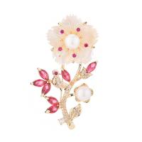 Cubic Zirconia Brooch, Brass, with Shell & Plastic Pearl, Flower, gold color plated, micro pave cubic zirconia & for woman, red, nickel, lead & cadmium free 