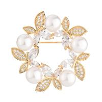 Cubic Zirconia Brooch, Brass, with Plastic Pearl, Flower, plated, micro pave cubic zirconia & for woman & hollow nickel, lead & cadmium free 