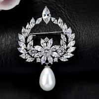 Cubic Zirconia Brooch, Brass, with Plastic Pearl, plated, micro pave cubic zirconia & for woman nickel, lead & cadmium free 
