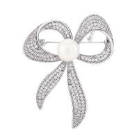 Cubic Zirconia Brooch, Brass, with Plastic Pearl, Bowknot, plated, micro pave cubic zirconia & for woman & hollow, metallic color plated, nickel, lead & cadmium free 