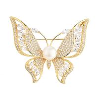Cubic Zirconia Brooch, Brass, with Plastic Pearl, Butterfly, plated, micro pave cubic zirconia & for woman & hollow nickel, lead & cadmium free 