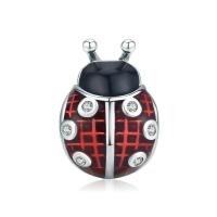 925 Sterling Silver European Large Hole Beads, Ladybug, oxidation, micro pave cubic zirconia & enamel, black and red 