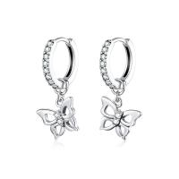 Huggie Hoop Drop Earring, 925 Sterling Silver, Butterfly, oxidation, micro pave cubic zirconia & hollow, silver color 
