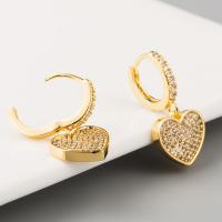Huggie Hoop Drop Earring, Brass, Heart, plated, micro pave rhinestone & for woman, golden, 27*15mm 
