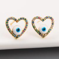 Brass Stud Earring, with Cubic Zirconia, Heart, plated, micro pave rhinestone & for woman & hollow, multi-colored, 15*13mm 