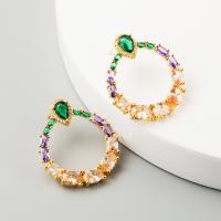Brass Drop Earring, with Cubic Zirconia, Round, 18K gold plated, micro pave rhinestone & for woman & hollow, golden, 33*28mm 