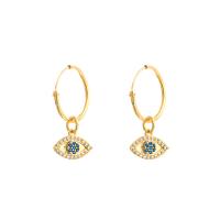 Huggie Hoop Drop Earring, Brass, with Cubic Zirconia, Evil Eye, 18K gold plated, micro pave rhinestone & for woman, golden, 25*15mm 