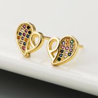 Brass Stud Earring, Heart, 18K gold plated, micro pave cubic zirconia & for woman & hollow, multi-colored, 10*10mm 