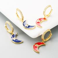 Huggie Hoop Drop Earring, Brass, with Cubic Zirconia, Moon and Star, 18K gold plated, for woman & enamel 30*10mm 