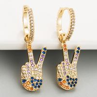 Huggie Hoop Drop Earring, Brass, with Cubic Zirconia, Victory, 18K gold plated, for woman, multi-colored, 35*10mm 