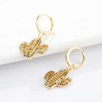 Huggie Hoop Drop Earring, Brass, with Cubic Zirconia, Opuntia Stricta, 18K gold plated, micro pave rhinestone & for woman, multi-colored, 30*16mm 