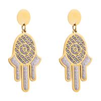 Stainless Steel Drop Earring, Hamsa, plated, micro pave cubic zirconia & for woman, golden, 60*25mm 