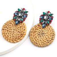 Rattan Earring, with Alloy & Rhinestone, Round, plated, folk style & kumihimo & for woman & with rhinestone, two different colored, 63*42mm, 1/Pair 